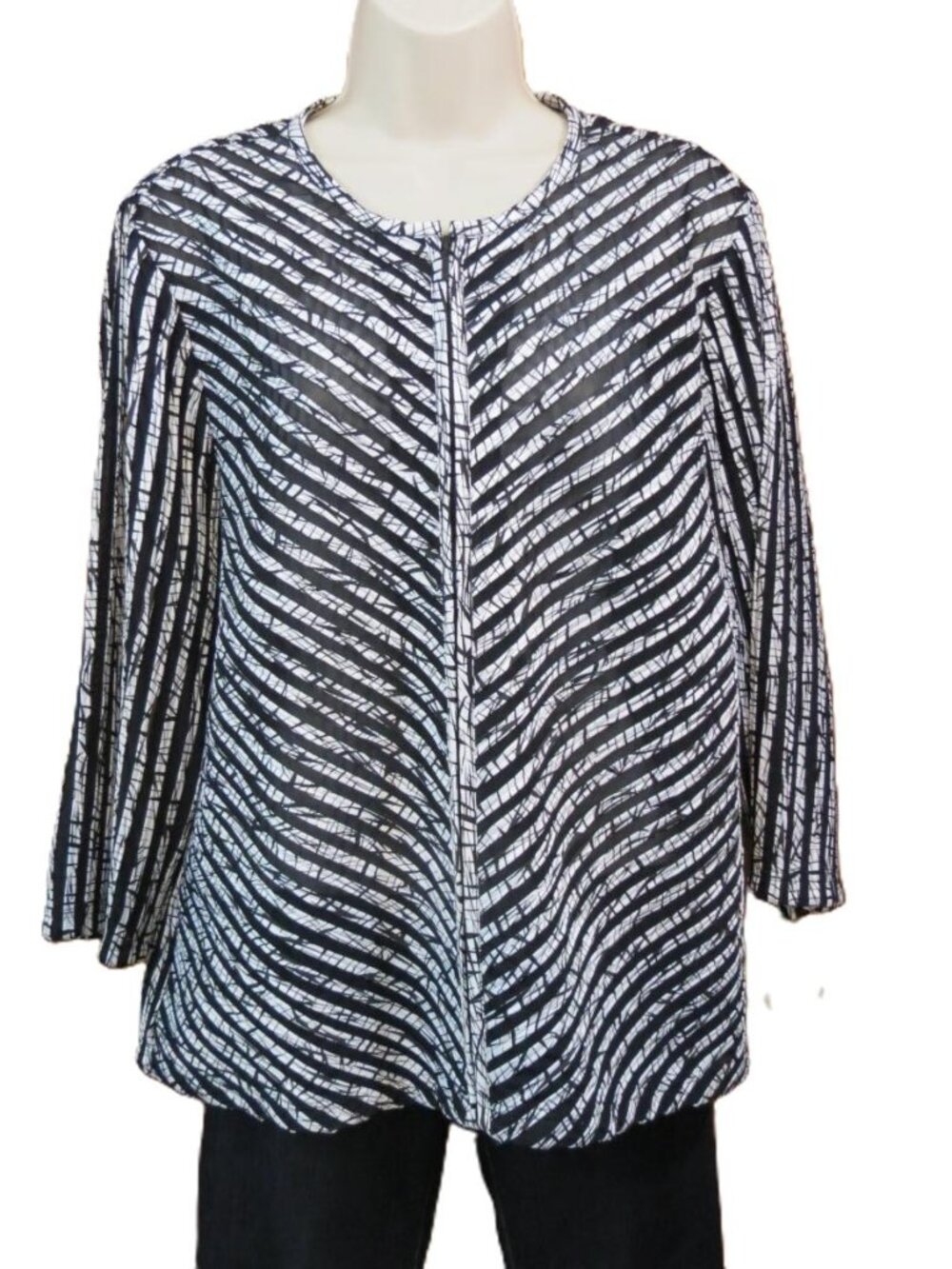 Chico's Travelers Jacket Lightweight Black & White Stripe Zip Mesh Size 2